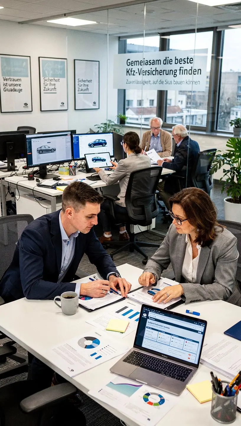 Beratungsraum mit modernen Informationsmaterialien und zufriedenen Kunden im Gespräch