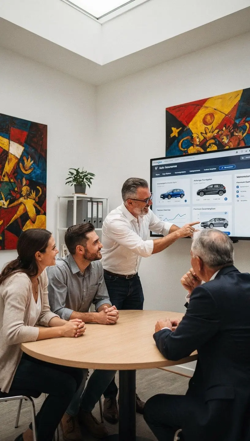 Beratungsgespräch in einem Versicherungsbüro zur Auswahl der besten Kfz-Versicherung